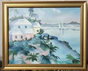 MULTICOLOR LAKE HOUSE PASTEL WATERCOLOR PAINTING classic mural painting