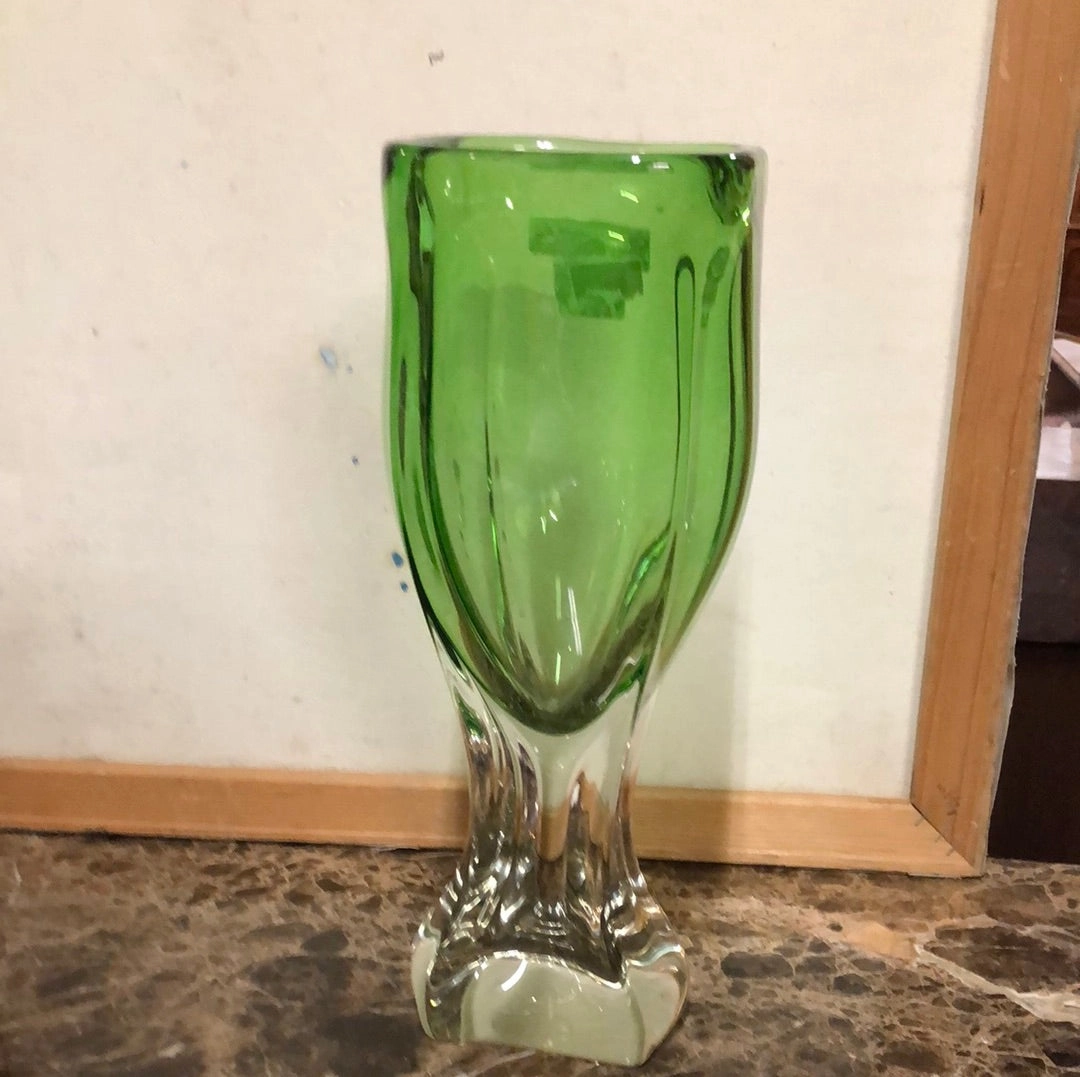 MURANO GREEN AND CLEAR ART GLASS VASE
