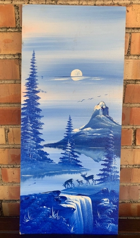 NARROW BLUE AND WHITE SCENIC OIL ON BOARD PAINTING WITH DEER classic mural painting