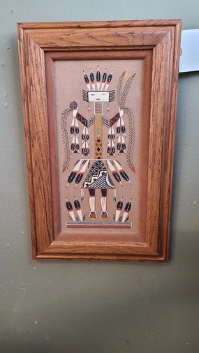 NARROW NAVAJO SAND PAINTING WITH FIGURE IN FEATHERS classic mural painting