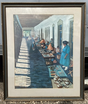 NATIVE AMERICAN MARKET WATER COLOR PAINTING BY GENE GUEST classic mural painting