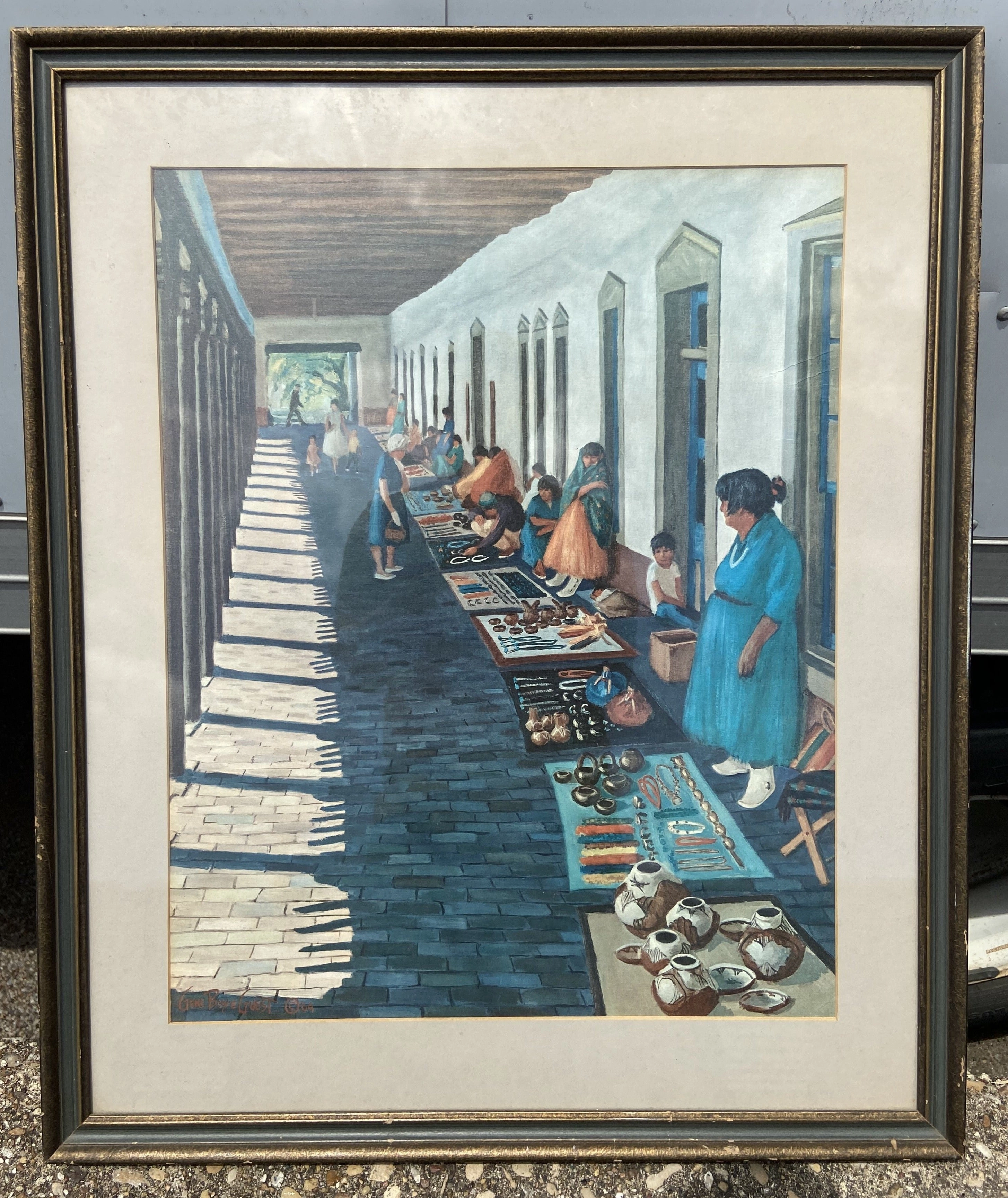 NATIVE AMERICAN MARKET WATER COLOR PAINTING BY GENE GUEST classic mural painting