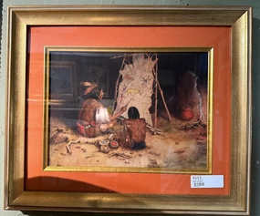 NATIVE AMERICAN WATERCOLOR WITH APRICOT BORDER BY H MATCH classic mural painting