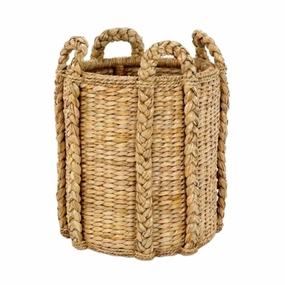 Natural Rush Rattan Log Round Storage Basket With Handles home display ornament
