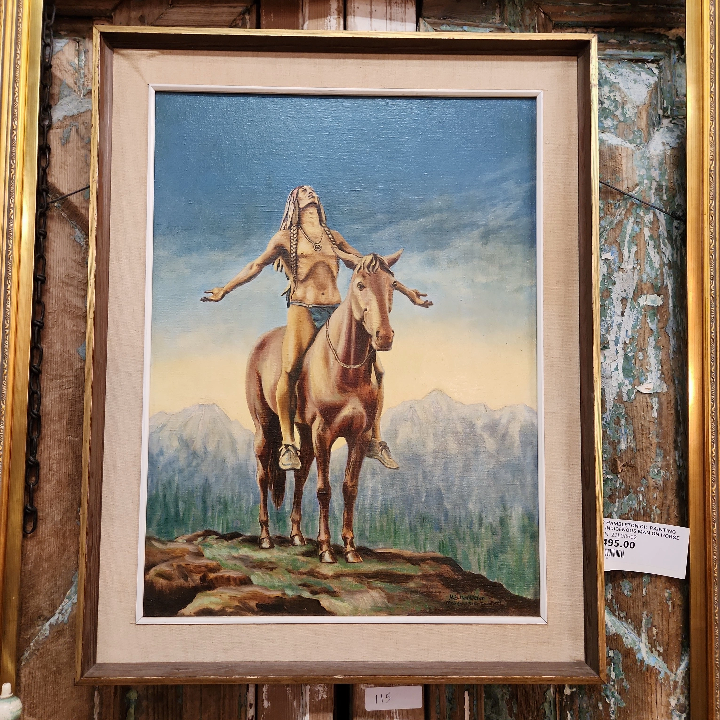 NB HAMBLETON OIL PAINTING OF INDIGENOUS MAN ON HORSE classic mural painting