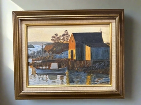 NEW ENGLAND HARBOR SUNSET OIL PAINTING classic mural painting