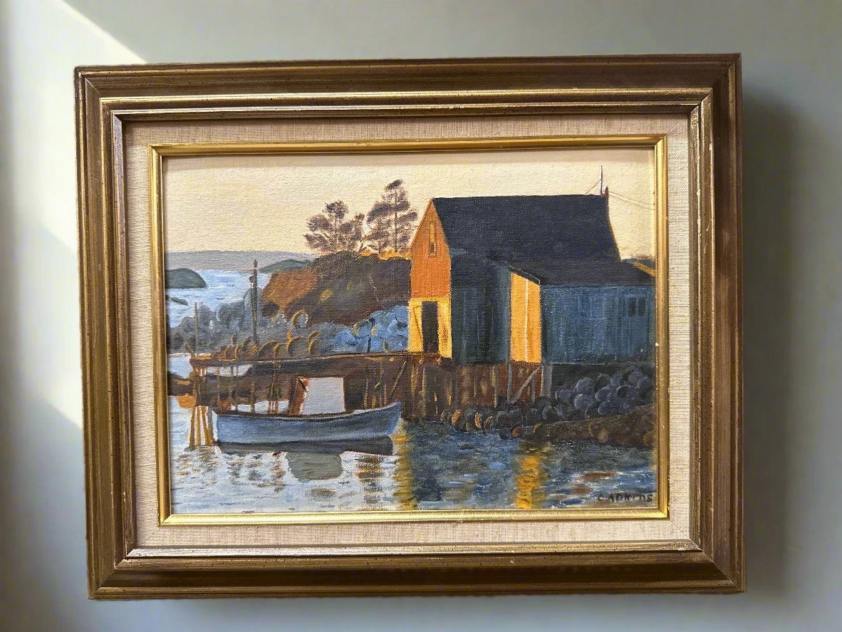NEW ENGLAND HARBOR SUNSET OIL PAINTING classic mural painting