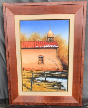 NEW MEXICO ADOBE CHURCH SCENE OIL PAINTING SIGNED HWS classic mural painting