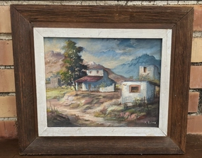 NEW MEXICO ADOBE OIL PAINTING ON CANVAS SIGNED BY M. REINA classic mural painting