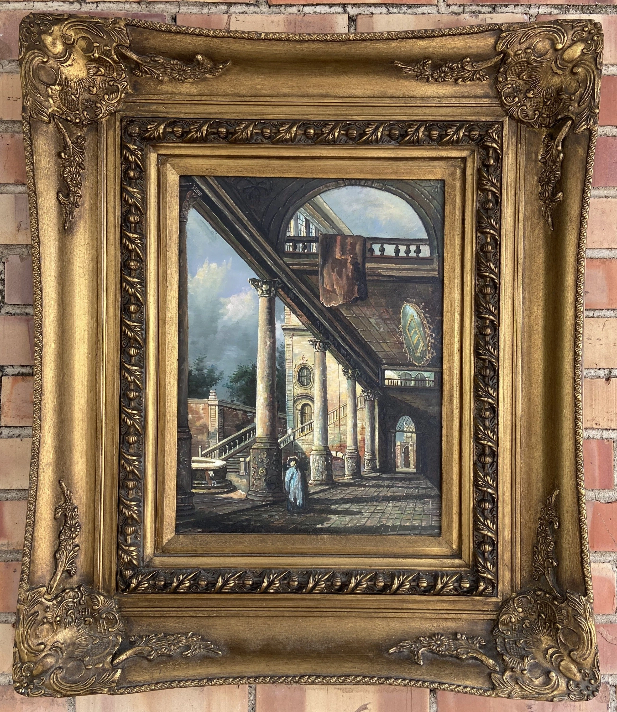NICELY FRAMED OIL PAINTING OF INTERIORS AND EXTERIORS OF BUILDING classic mural painting