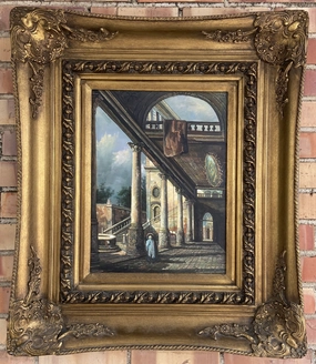 NICELY FRAMED OIL PAINTING OF INTERIORS AND EXTERIORS OF BUILDING classic mural painting