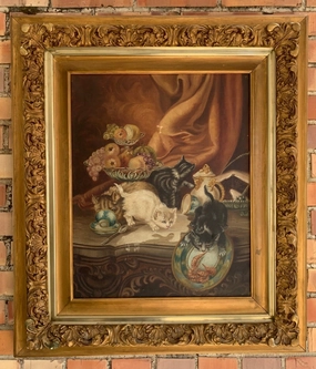 NICELY FRAMED OIL PAINTING OF KITTENS classic mural painting