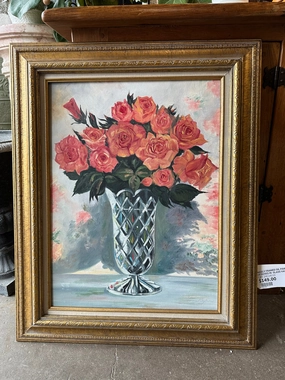 NICELY FRAMED OIL PAINTING OF ROSES IN  GLASS VASE classic mural painting