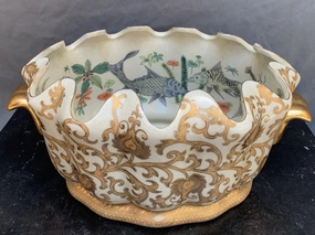 NOT OLD OBLONG LARGE PORCELAIN CENTER BOWL WITH KOI PAINTING classic mural painting
