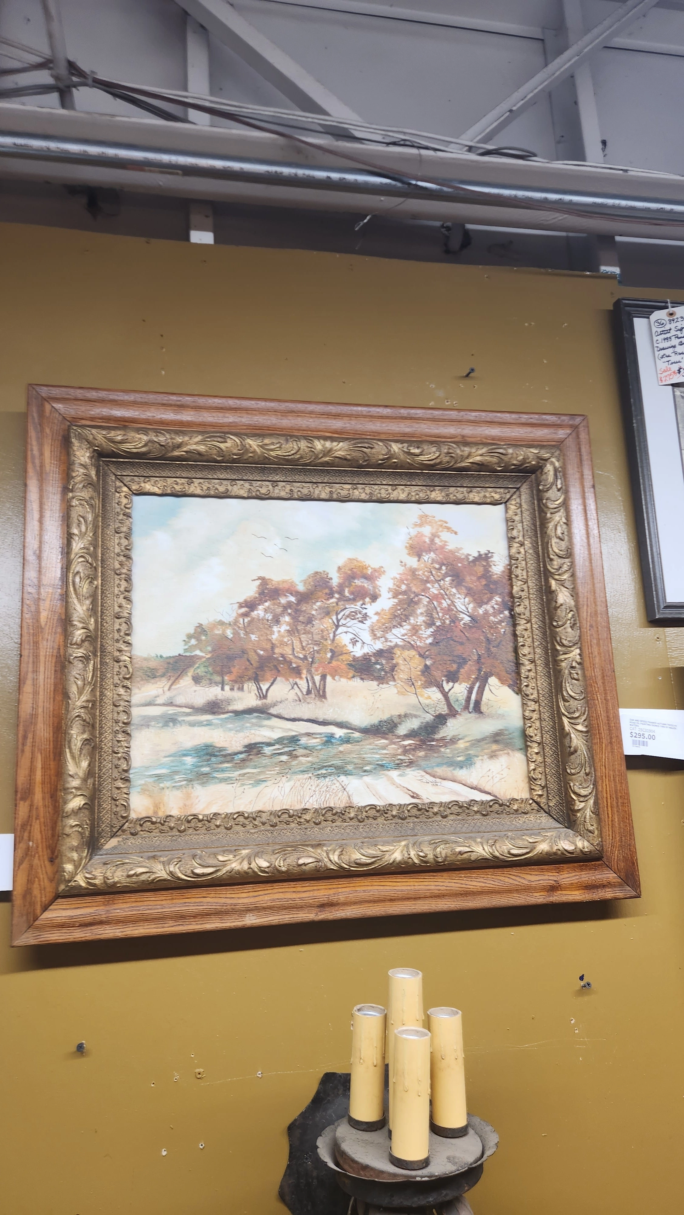 OAK AND GESSO FRAMED AUTUMN TRESS BY ROAD OIL PAINTING SIGNED 1980 BY MAUDE WATERS