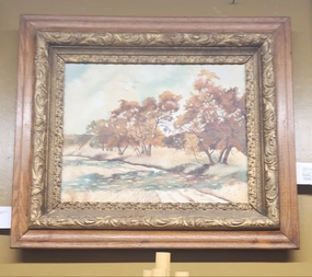 OAK AND GESSO FRAMED AUTUMN TRESS BY ROAD OIL PAINTING SIGNED 1980 BY MAUDE WATERS classic mural painting
