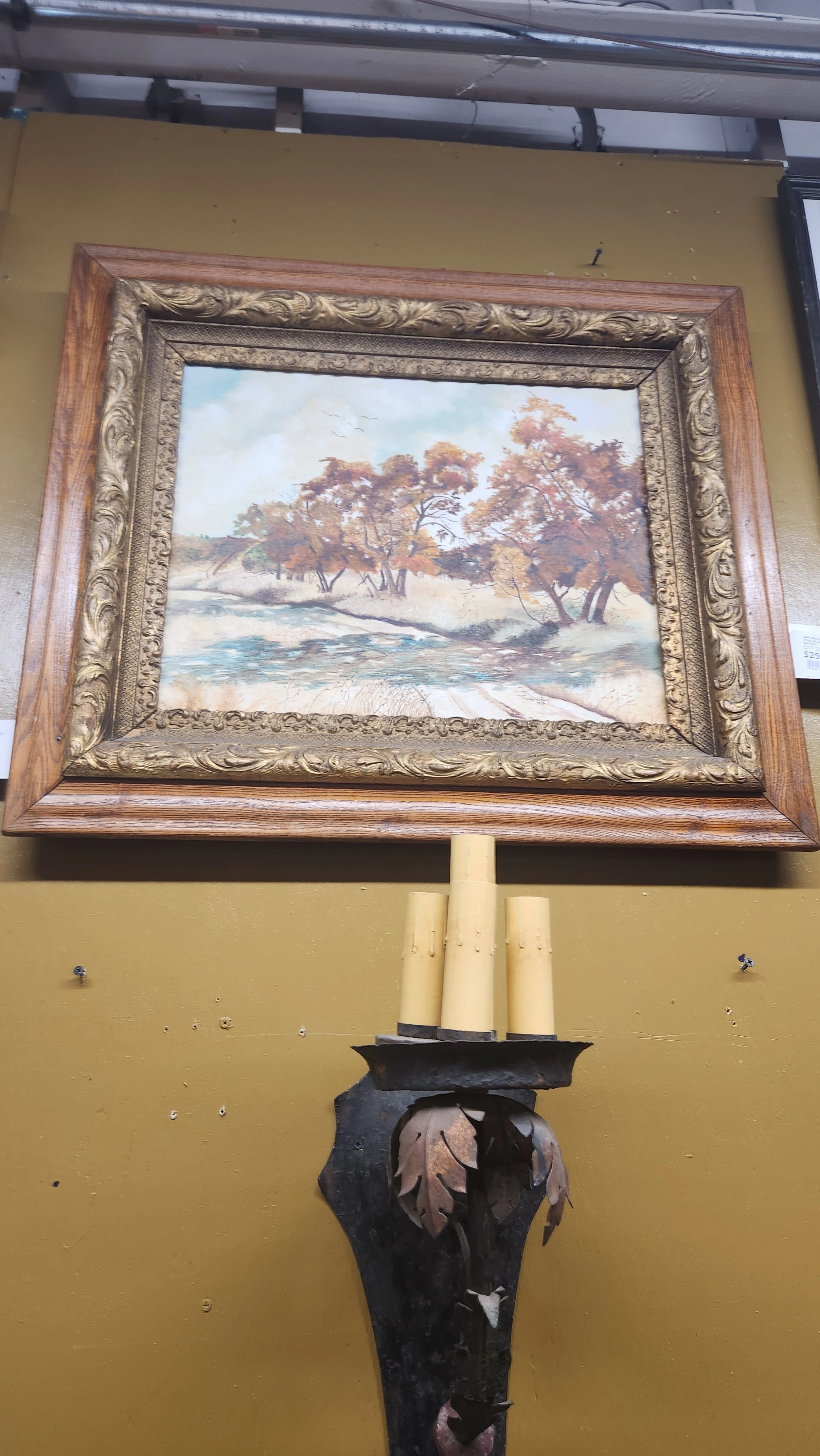 OAK AND GESSO FRAMED AUTUMN TRESS BY ROAD OIL PAINTING SIGNED 1980 BY MAUDE WATERS