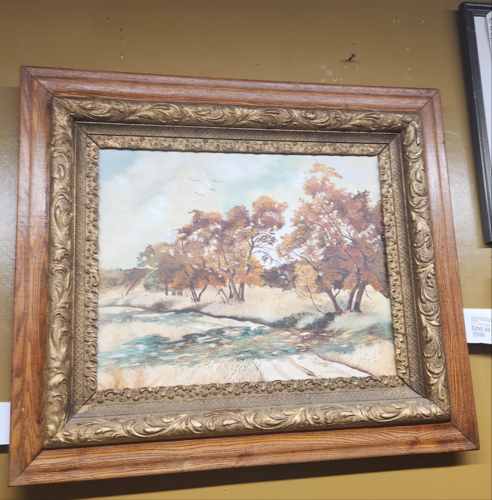 OAK AND GESSO FRAMED AUTUMN TRESS BY ROAD OIL PAINTING SIGNED 1980 BY MAUDE WATERS