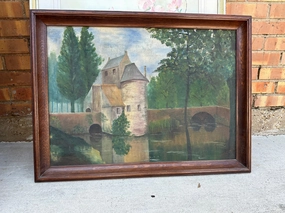 OAK FRAMED DUTCH LANDSCAPE WITH BRIDGE OIL PAINTING classic mural painting