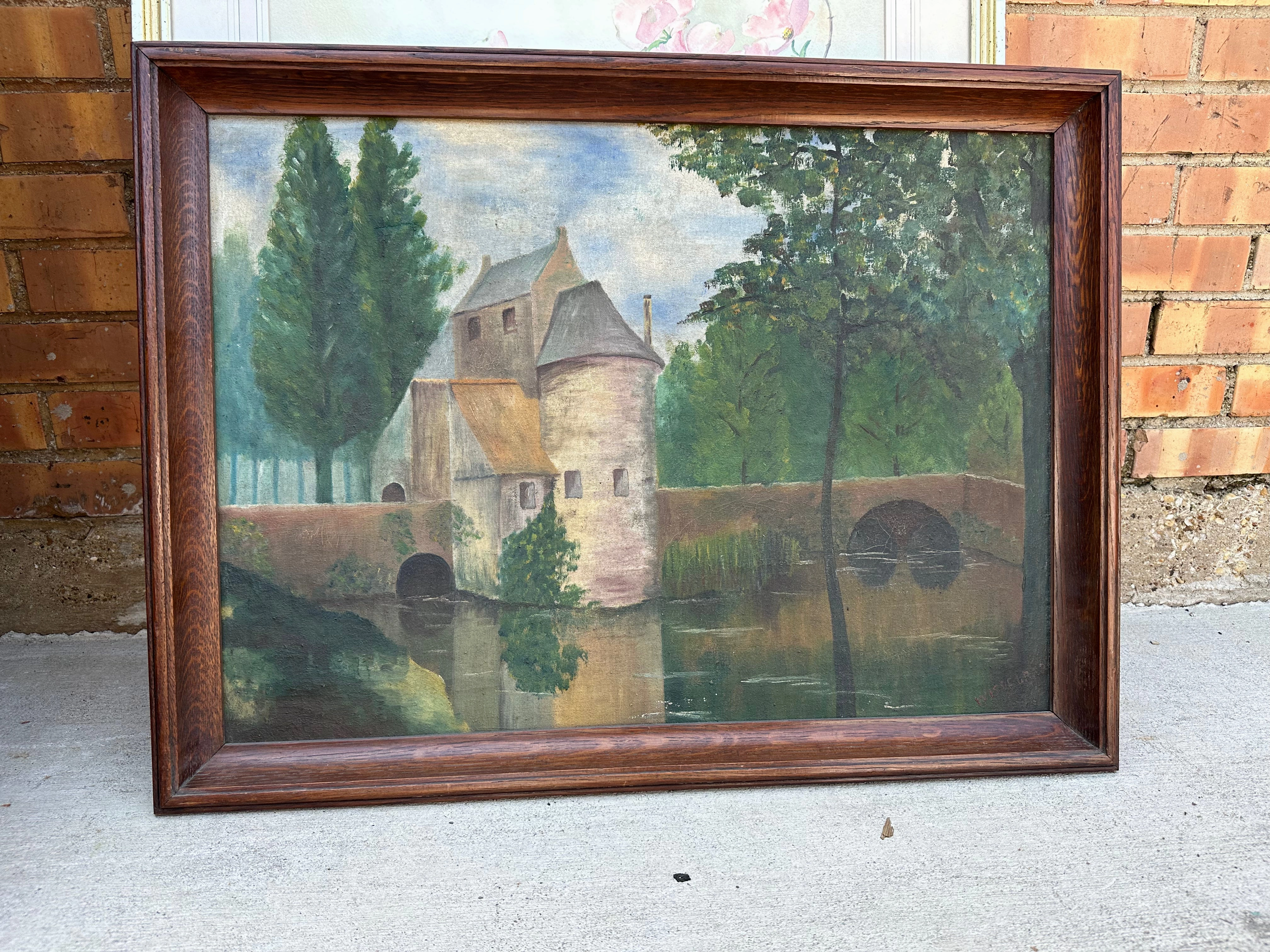 OAK FRAMED DUTCH LANDSCAPE WITH BRIDGE OIL PAINTING classic mural painting