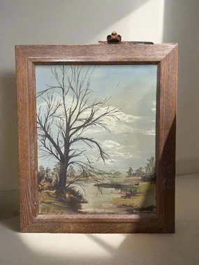 OAK FRAMED PRIMATIVE LANDSCAPE OIL PAINTING WITH TERR AND POND-SIGNED BETTY JOHNSON classic mural painting