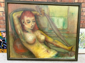 OIL ON BOARD PAINTING OF NUDE WOMEN BY GOEBEL CIRCA 1970S classic mural painting