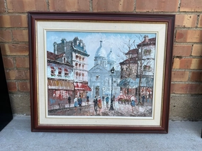 OIL ON CANVAS IMPASTO IMPRESSIONIST PAINTING OF PARIS CAFE STREET SCENE SIGNED BURNETT classic mural painting