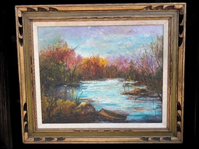 OIL ON CANVAS IMPRESSIONIST PAINTING OF LAKE BY G.SPRAWL classic mural painting