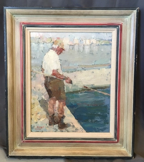 OIL ON CANVAS IMPRESSIONISTIC PAINTING OF A MAN FISHING classic mural painting