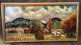 OIL ON CANVAS IMPRESSIONISTIC PAINTING OF COLORFUL MOUNTAIN SCENE WITH TWO HORSES classic mural painting