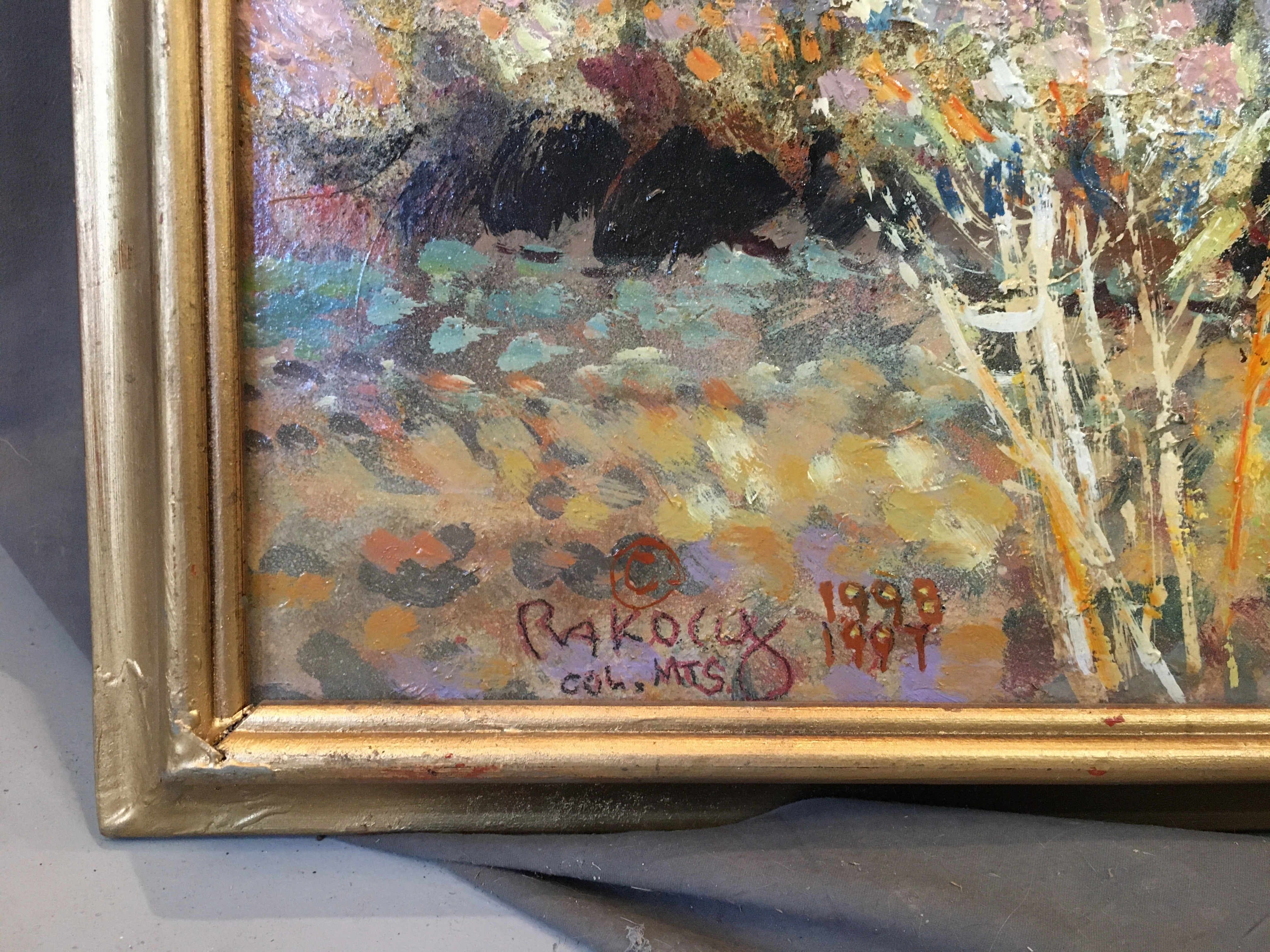 OIL ON CANVAS IMPRESSIONISTIC PAINTING OF COLORFUL MOUNTAIN SCENE WITH TWO HORSES