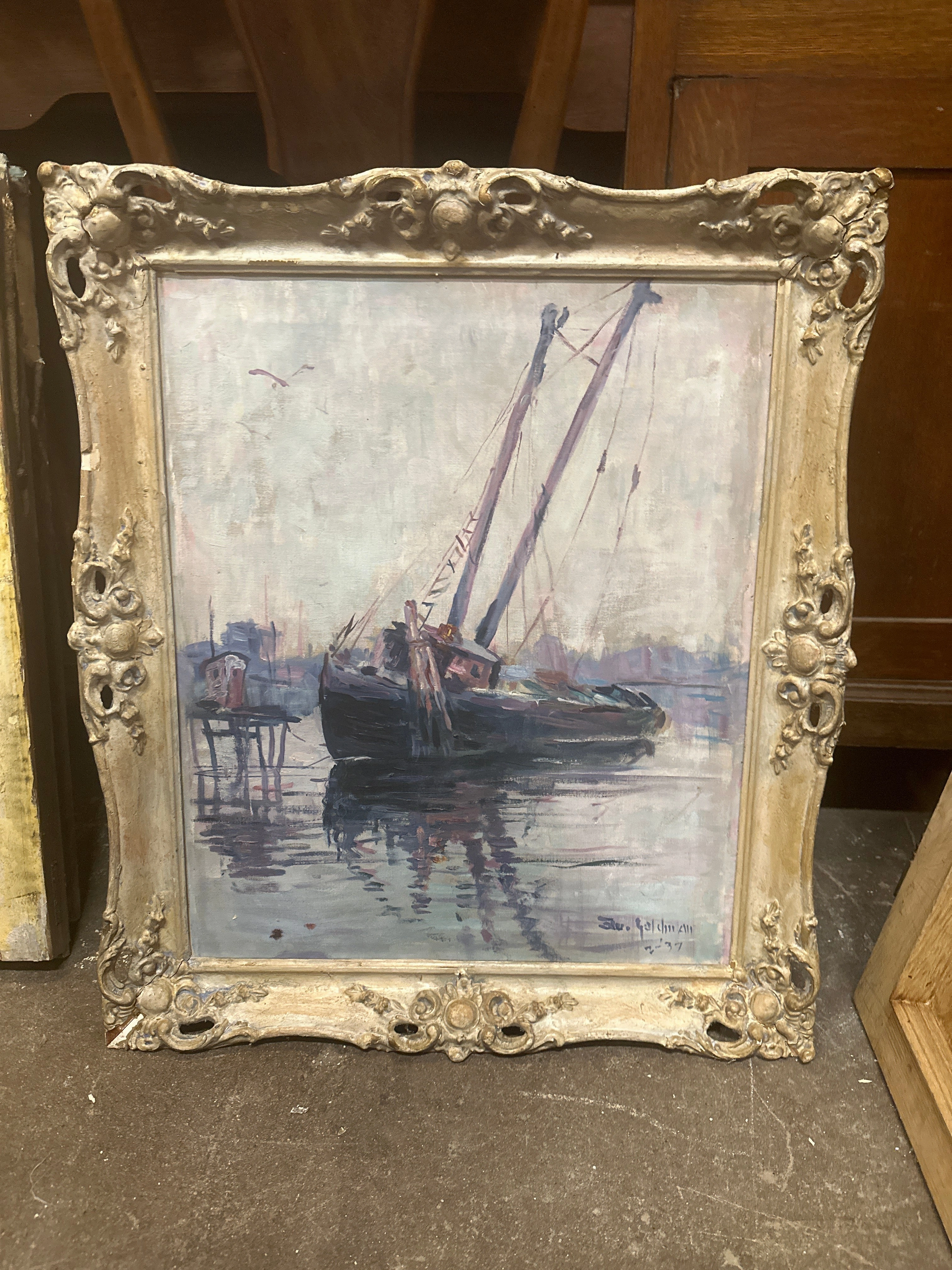 OIL ON CANVAS PAINTING OF FISHING BOAT classic mural painting
