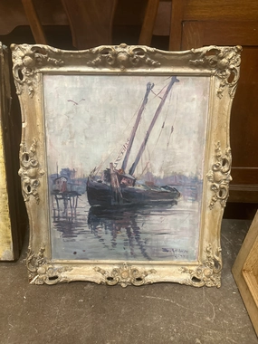 OIL ON CANVAS PAINTING OF FISHING BOAT classic mural painting