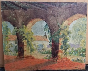 OIL ON CANVAS PAINTING OF MISSION BY B. BRADLEY - AS FOUND classic mural painting