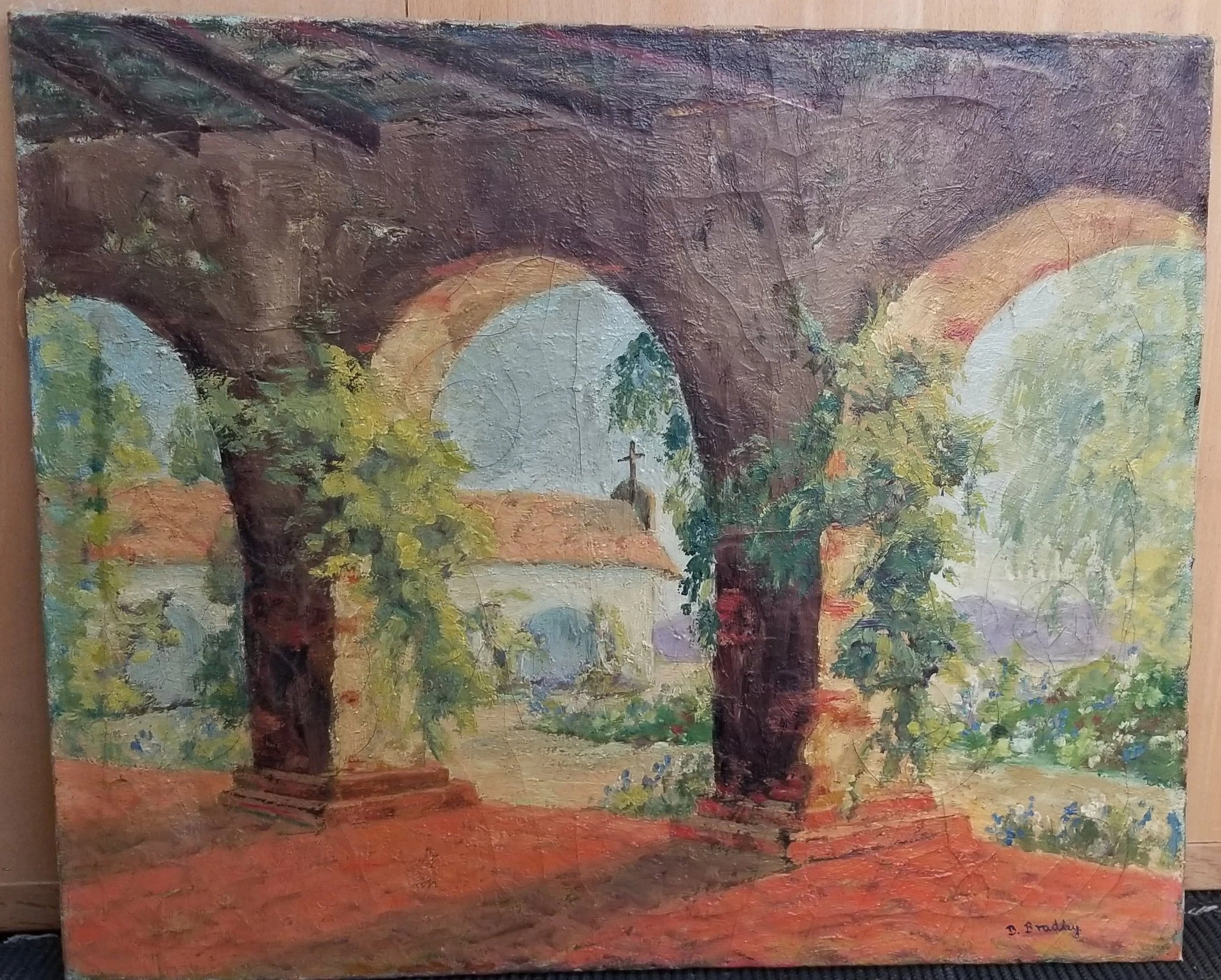 OIL ON CANVAS PAINTING OF MISSION BY B. BRADLEY - AS FOUND classic mural painting