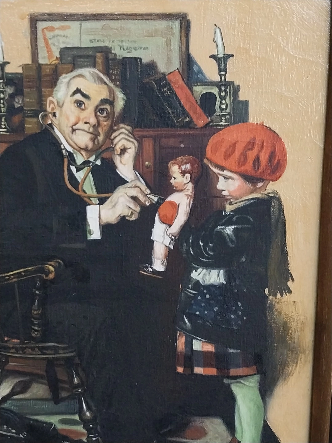 OIL PAINTING COPY OF NORMAN ROCKWELL DOCTOR AND GIRL WITH DOLL
