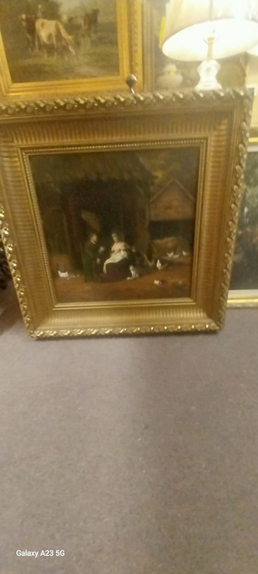 OIL PAINTING INTERIOR OF BARN classic mural painting
