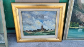 OIL PAINTING OF A CHURCH ON A HILL WITH GREAT CLOUDS classic mural painting