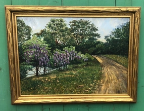 OIL PAINTING OF A COUNTRY ROAD WITH PURPLE FLOWERING TREES classic mural painting