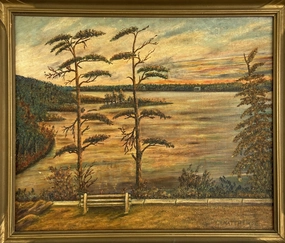 OIL PAINTING OF A LAKE SHORE WITH TREES AND A BENCH BY C. H. MATTHEWS classic mural painting