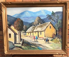 OIL PAINTING OF A MEXICAN VILLAGE SIGNED HARDY MARTIN classic mural painting