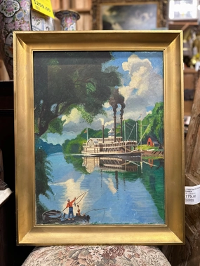 OIL PAINTING OF A RIVERBOAT STEAMER classic mural painting