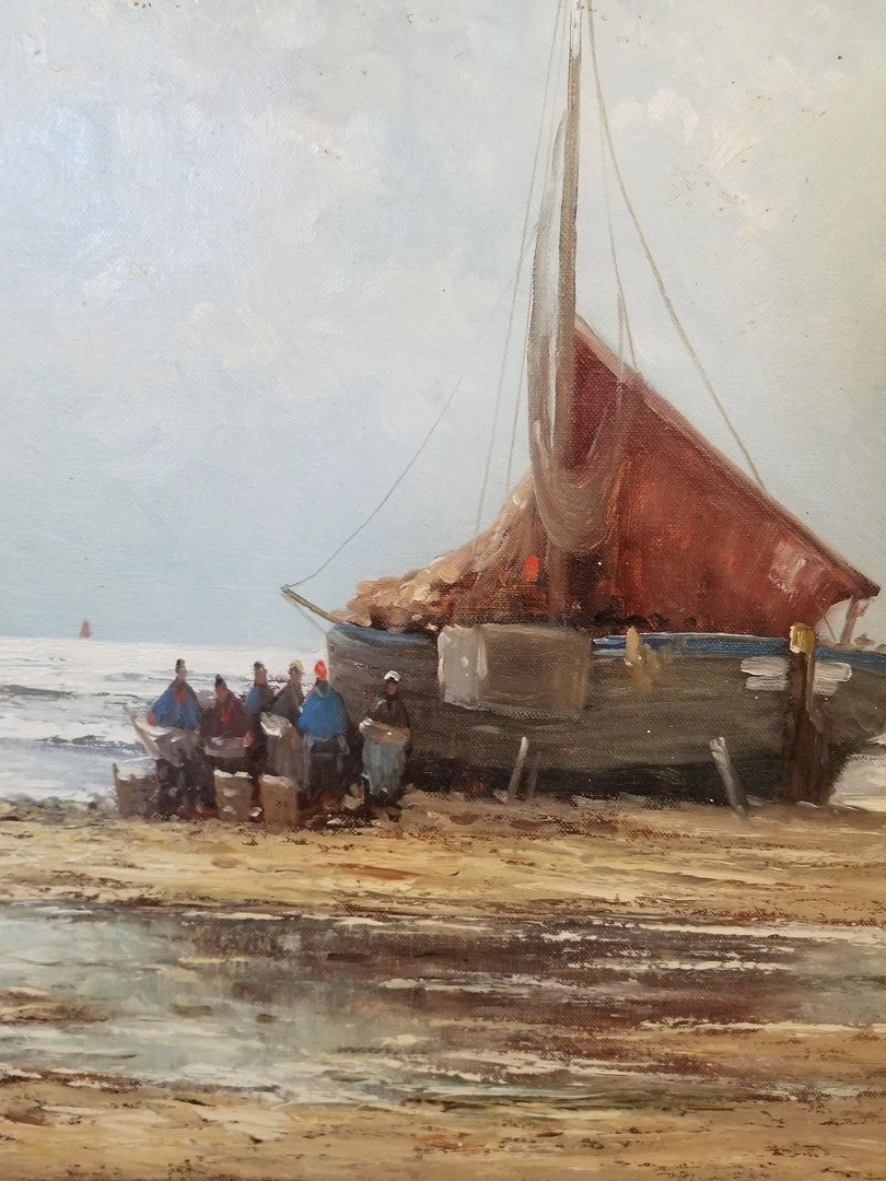 OIL PAINTING OF A SHIP ON THE BEACH BY HEUTER