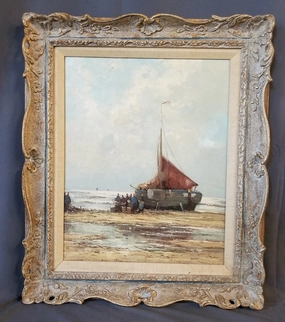 OIL PAINTING OF A SHIP ON THE BEACH BY HEUTER classic mural painting