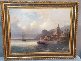 OIL PAINTING OF A SMALL BOAT ON A CHOPPY SEA classic mural painting