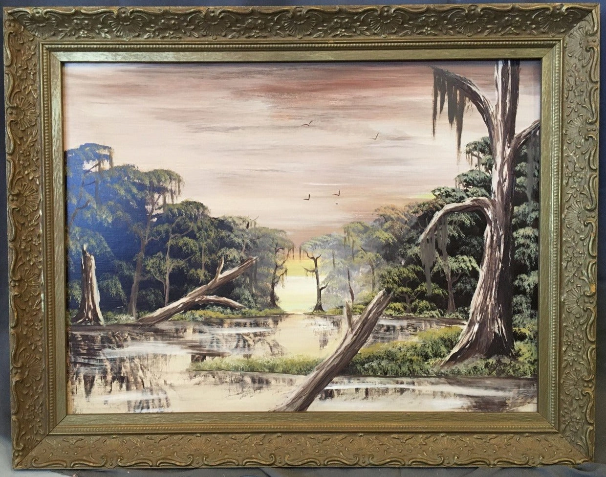 OIL PAINTING OF A SUNRISE AT  MOSSY SWAMP WITH TREES AND BIRDS classic mural painting