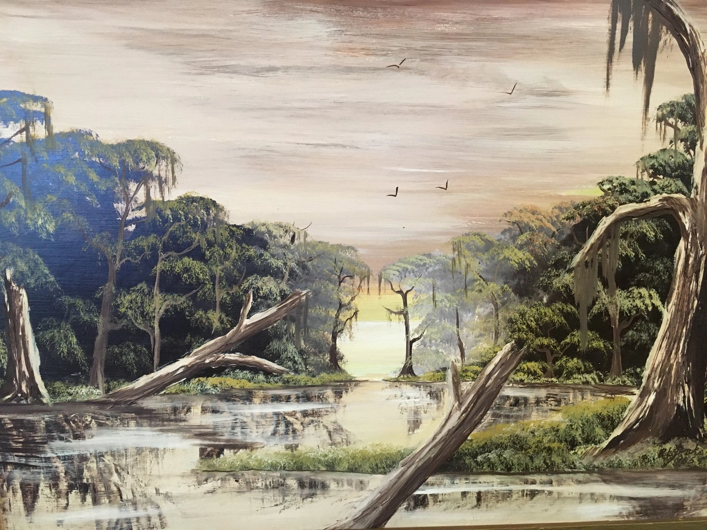 OIL PAINTING OF A SUNRISE AT  MOSSY SWAMP WITH TREES AND BIRDS
