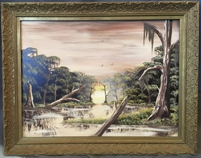 OIL PAINTING OF A SUNRISE AT  MOSSY SWAMP WITH TREES AND BIRDS classic mural painting