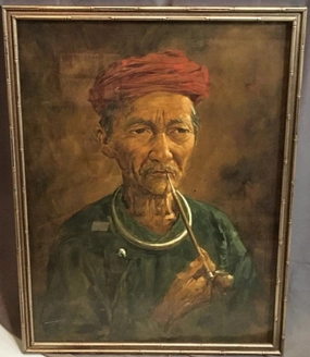 OIL PAINTING OF AN ASIAN MAN WITH OPIUM PIPE classic mural painting