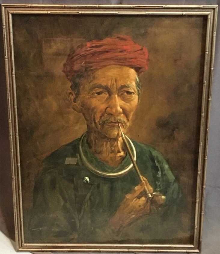 OIL PAINTING OF AN ASIAN MAN WITH OPIUM PIPE classic mural painting